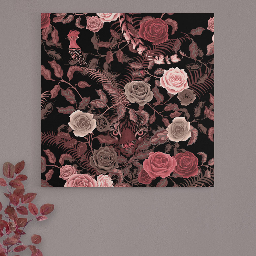 Framed Canvas Print Wall Art in Pink & Black with Floral & Tiger by British Designer, Becca Who