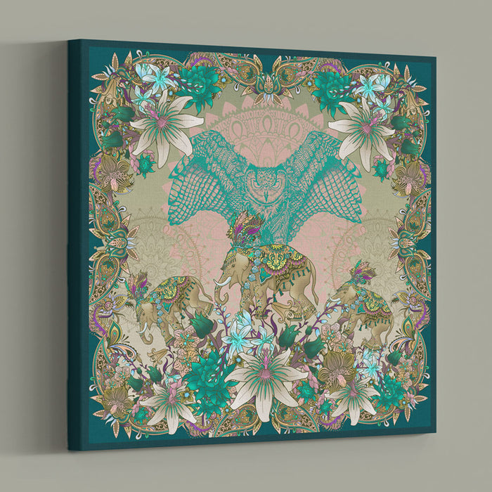 Becca Who Canvas Wall Art Print Elephants and Owl in Green