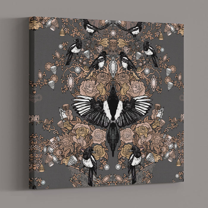 Becca Who Canvas Wall Art Print Magpies Floral on Charcoal