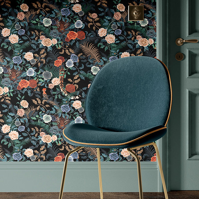Dark Floral Wallpaper Bengal Rose Garden on black by Designer, Becca Who