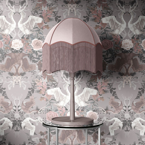 Luxury Designer Wallpaper in Pale Pink and Grey with Swans and Floral design by Becca Who