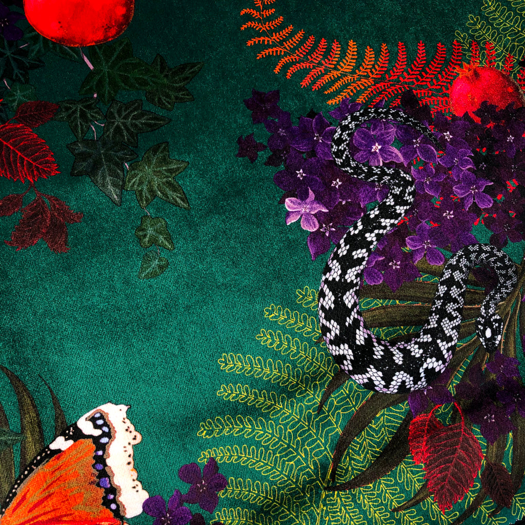 Forbidden Fruit in Envy Green | Snakes Design Velvet Fabric – Becca Who
