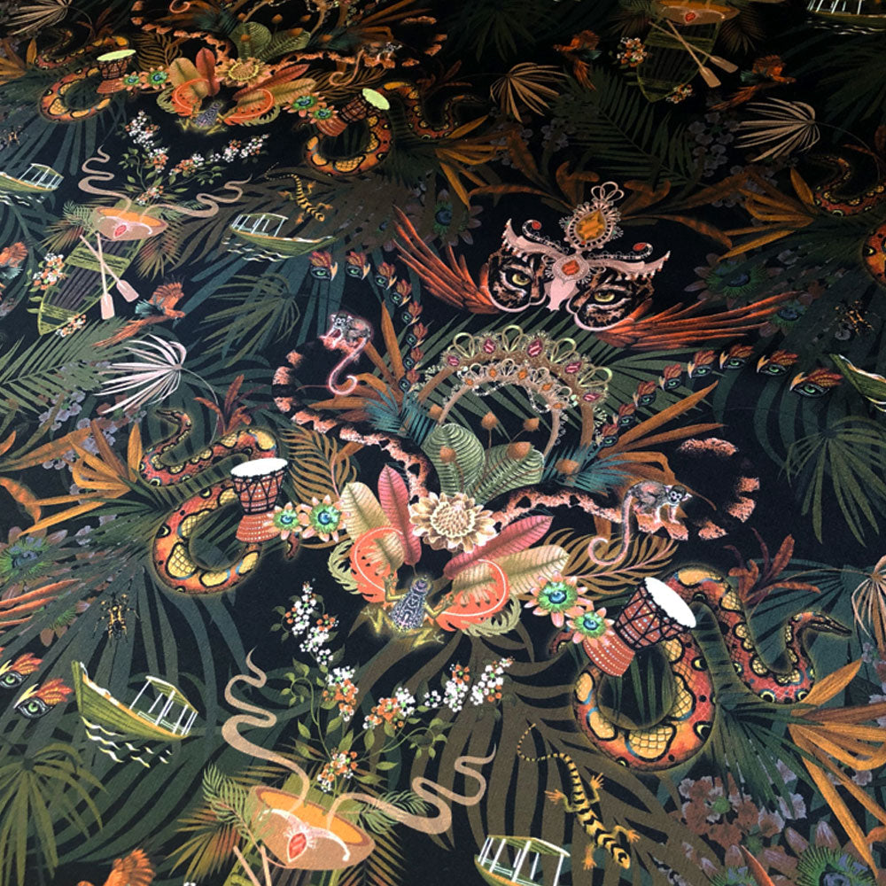 Statement fabrics for upholstery, curtains and soft furnishings with dramatic jungle print design on Black Velvet