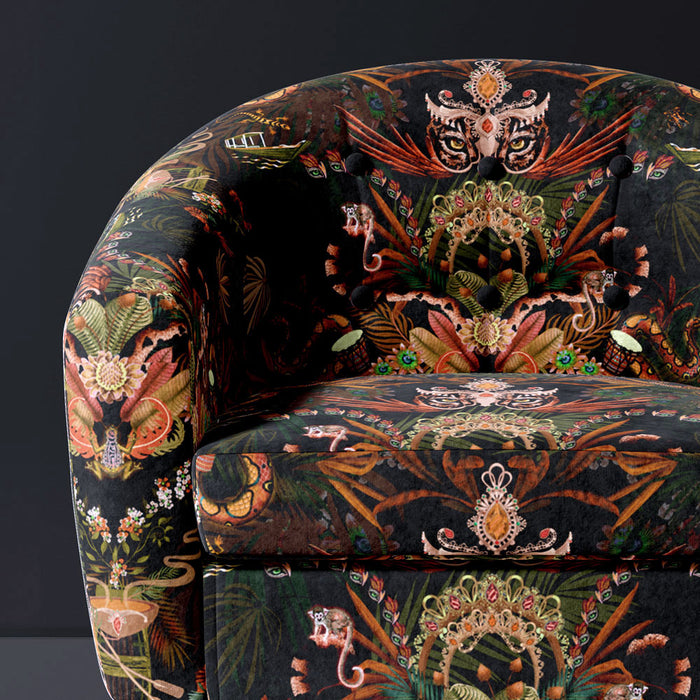 Black & Gold Jungle Print Patterned Velvet for opulent and unusual furnishings by UK Fabric Designer Becca Who