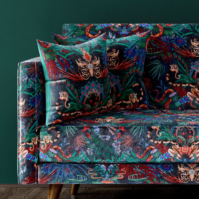 Midnight Dark Blue Jungle Print Velvet Fabric for Bold, Dramatic Furnishings & Upholstery by UK Designer, Becca Who