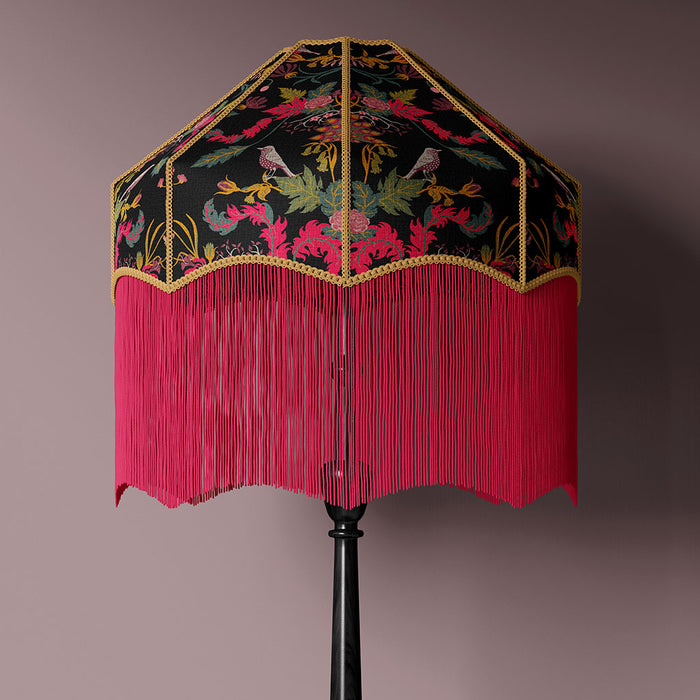 Dark Floral Pink & Black Furnishing Fabric on Lampshade by Designer, Becca Who