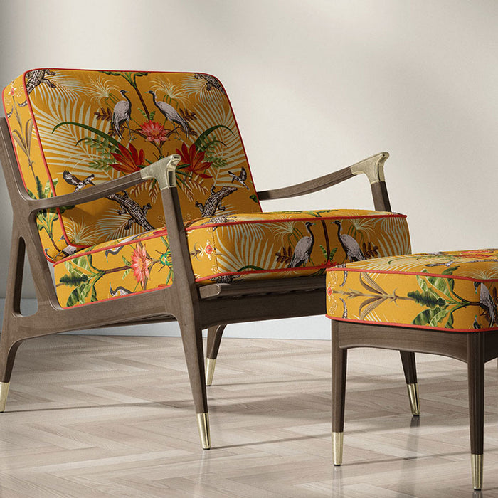 Yellow Crocodiles Print Patterned Velvet Upholstery Fabric on Chair and Footstool