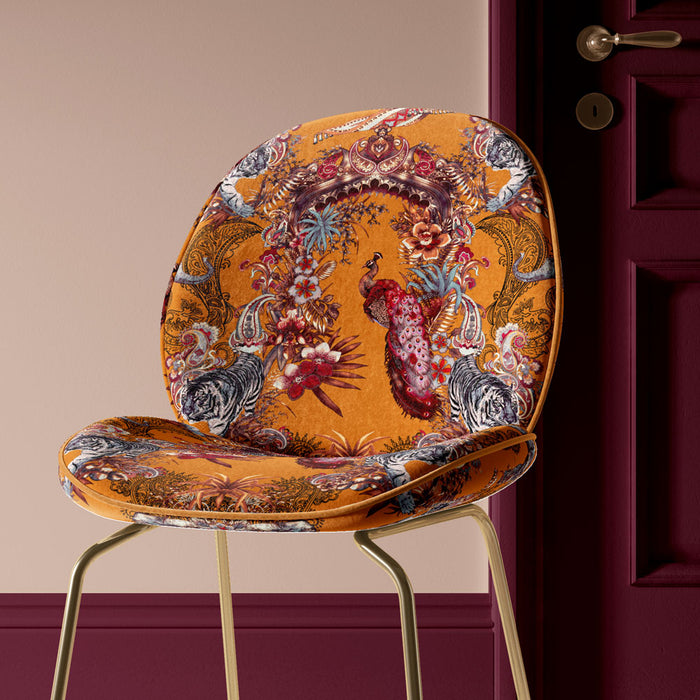 Dramatic, colourful Upholstery Fabric with Indian Pattern on warm Turmeric Yellow