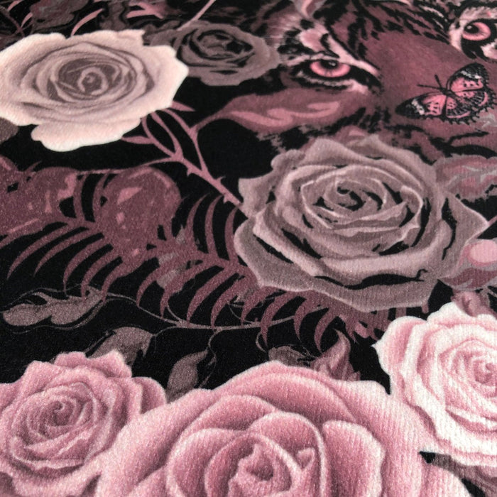 Luxurious Bengal Rose Garden Furnishing Fabric of Tiger and Roses in Dusky Pink on Black Velvet
