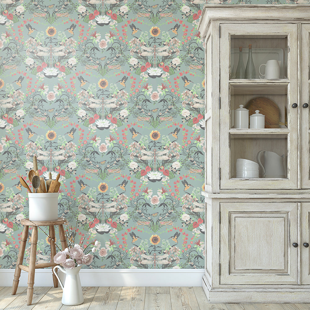 Country Floral Wallpaper by Designer Becca Who with Garden Treasures Design in Mint Green