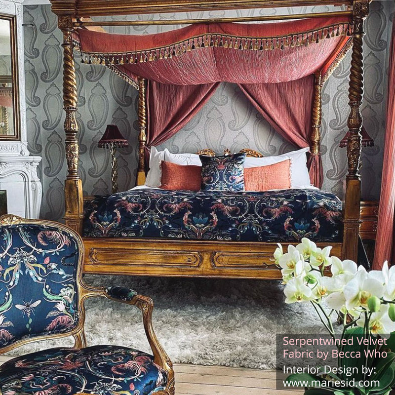 Maximalist Decor in Hotel Bedroom with Becca Who Serpentwined Velvet Fabric