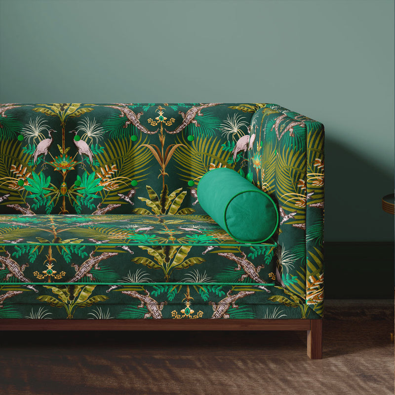 Luxury Upholstery Fabric Inspired by Nature with Crocodiles on Green Velvet by Designer Becca Who