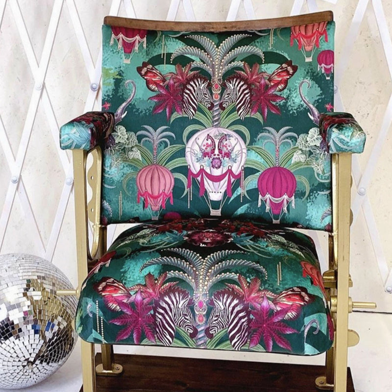 Velvet Upholstery Fabric on Chair Emerald Green Balloon Safari Pattern by Designer Becca Who