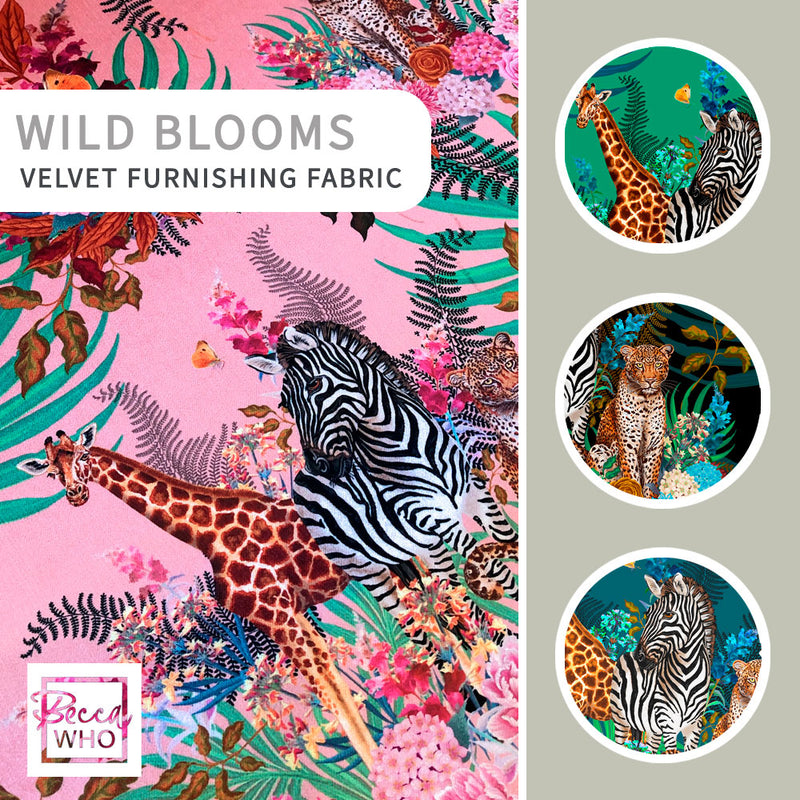African Animals and Floral Patterned Furnishing Fabric by Designer, Becca Who