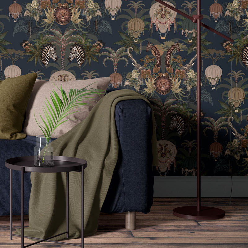  Living Room Wallpaper in Deep Blue with African Animals