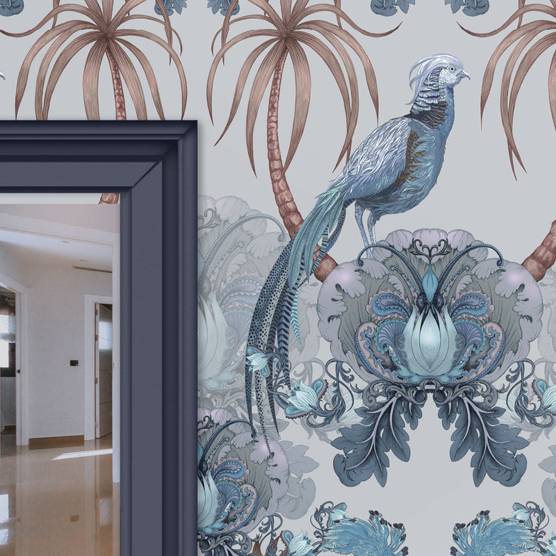 Bird Wallpaper in pale blue on wall for luxury interiors by Becca Who