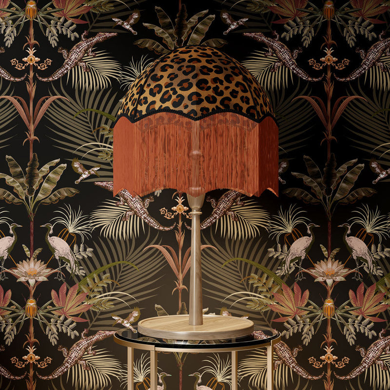 Bold, Maximalist Fabric & Wallpaper with Leopard Print Lampshade and Statement Design on Wall
