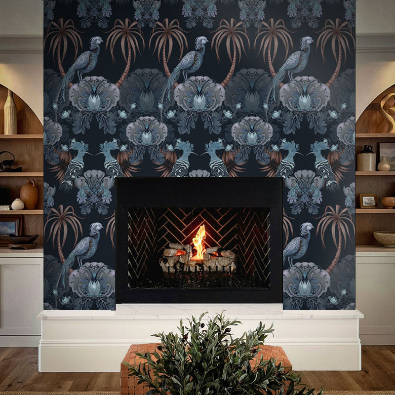 Feature Wall Wallpaper in Living Room in Dark Blue