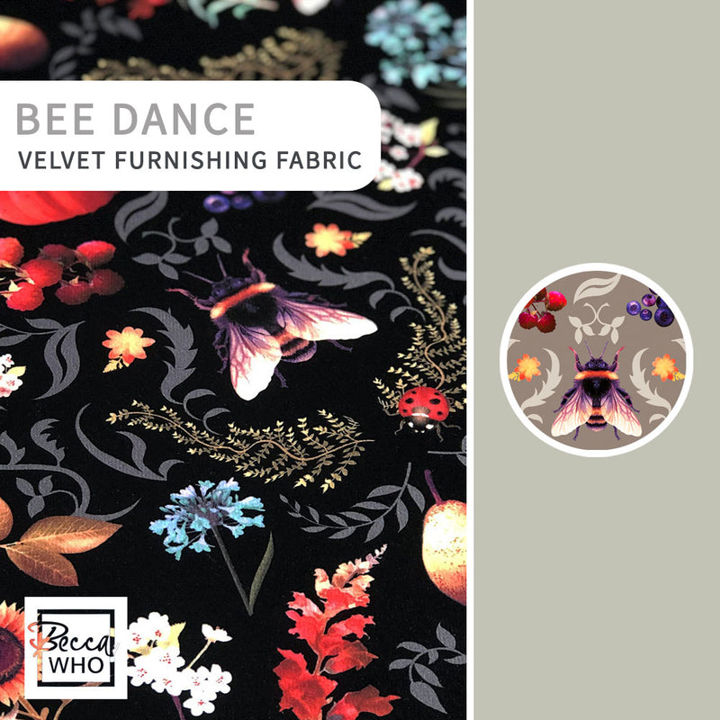 Bumble Bee Floral Patterned Velvet Fabric for Statement Upholstery & Furnishing by Designer, Becca Who