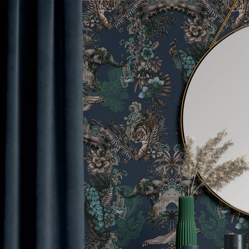 Dining Room Wallpaper with Indian Pattern in dark blue by Designer, Becca Who