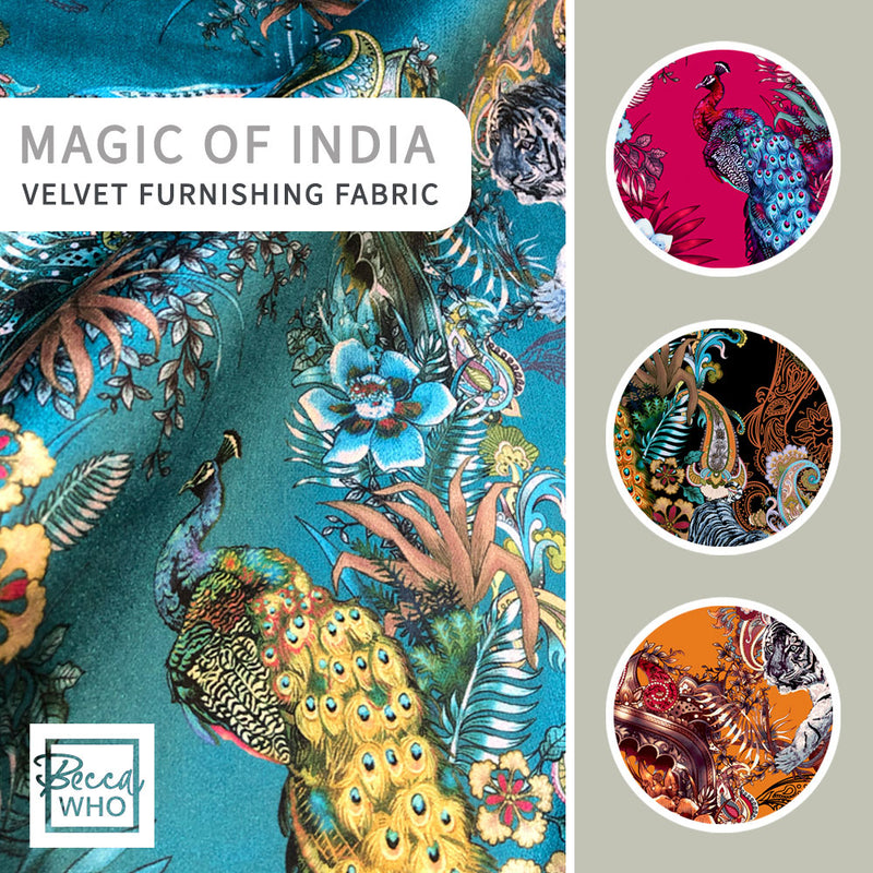 Indian Pattern & Wildlife Decorative Velvet Fabric by Designer, Becca Who