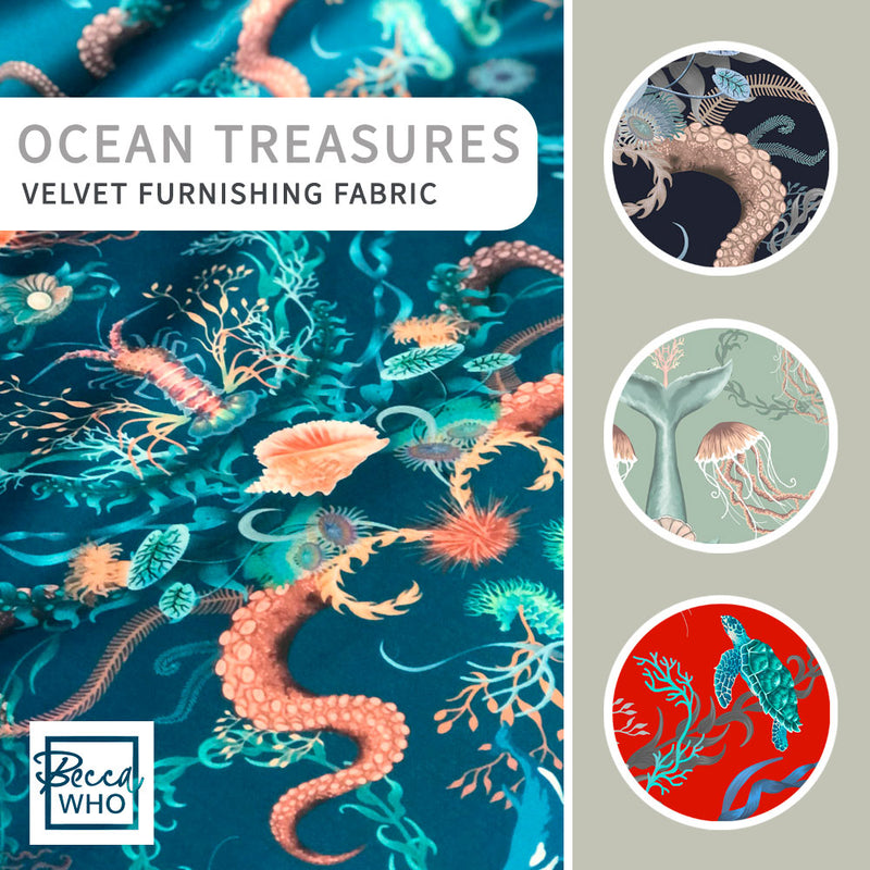 Ocean Patterned Velvet Fabric for Coastal Interiors by Designer Becca Who