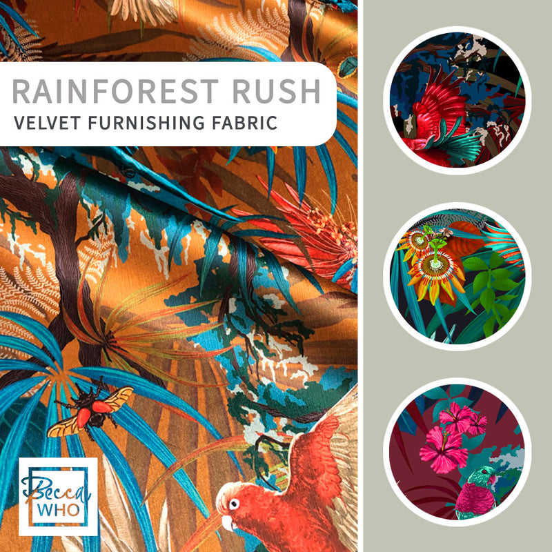 Rainforest Rush Tropical Birds colourful velvet fabric for statement interiors by Designer, Becca Who
