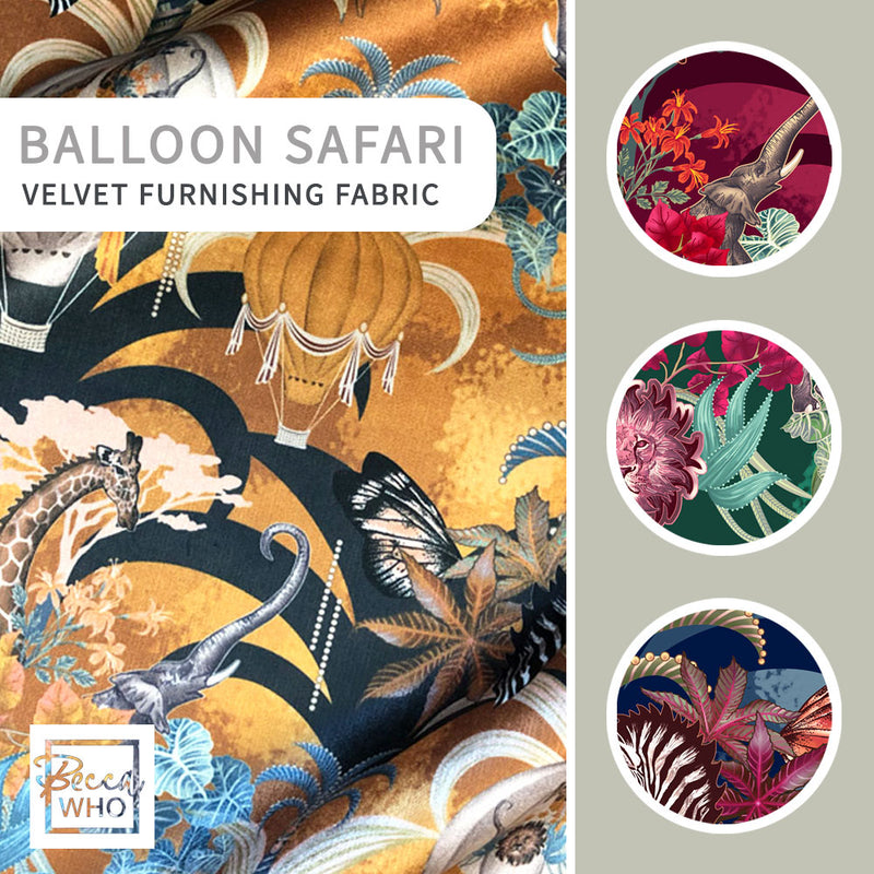 Balloon Safari African Animals Velvet Fabric for Interiors and Upholstery by Designer, Becca Who