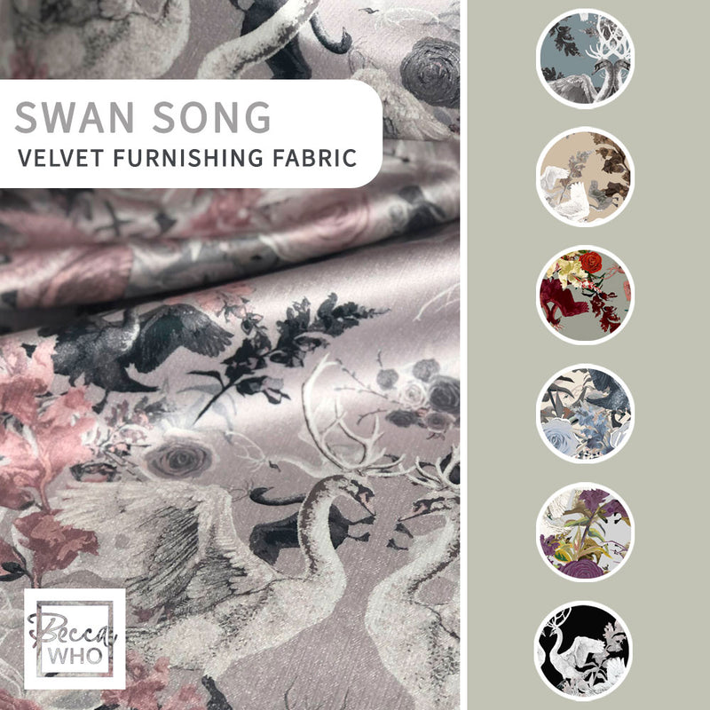 Swans Floral Elegant Velvet Fabric in Pastel Colours for Furnishings & Upholstery, by Designer, Becca Who