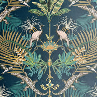 Bold Luxury Patterned Wallpaper with Crocodiles in Blue & Green by Designer Becca Who