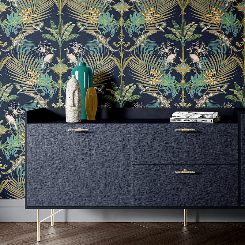 Bold Patterned Designer Wallpaper in Blue & Green by Becca Who