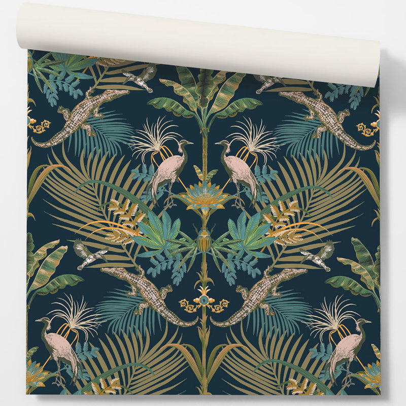 Statement Feature Wallpaper with Crocodiles in Dark Blue by Designer Becca Who