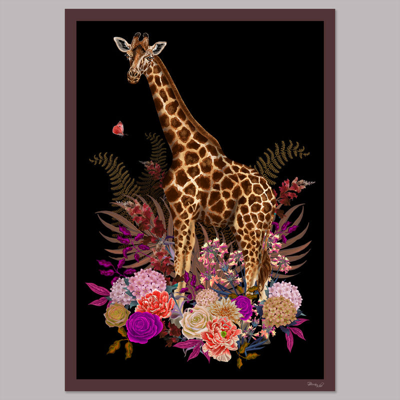 Giraffe Wild Blooms in Pinks & Black | Wall Art Print