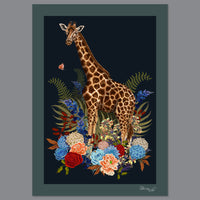 Giraffe Wild Blooms in Navy Blue | Wall Art Print