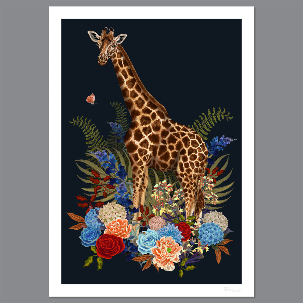 Giraffe Wild Blooms in Navy Blue | Wall Art Print