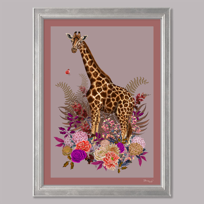 Giraffe Wild Blooms in Dusky Pink | Wall Art Print