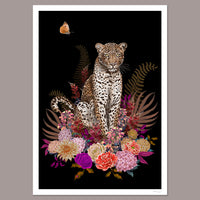 Painted Leopard Artwork on Black Floral Wall Art Print by Designer, Becca Who