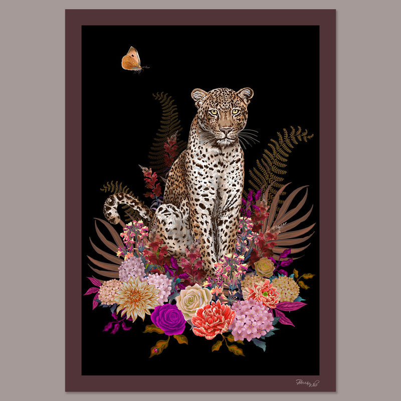 Painterly Leopard Artwork on Black Floral Wall Art Print by Designer, Becca Who