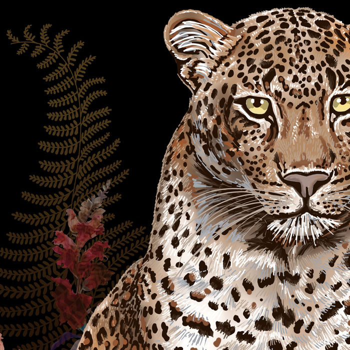 Painted Leopard Artwork Details on Black Floral Wall Art Print by Designer, Becca Who