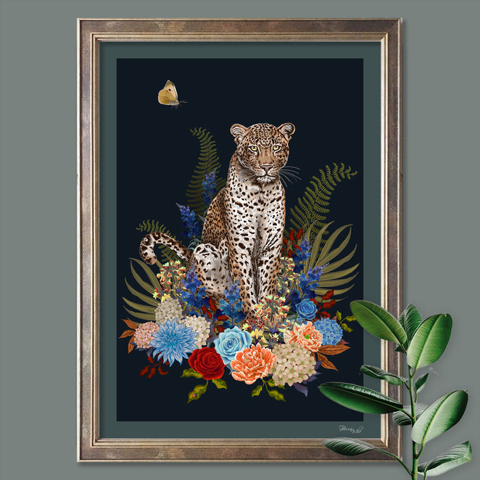 Animal Wall Art with Leopard and Flowers in Navy Blue  by Designer Becca Who