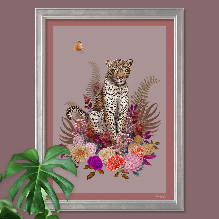 Leopard Floral Wall Art Print in Dusky Pink by Designer, Becca Who