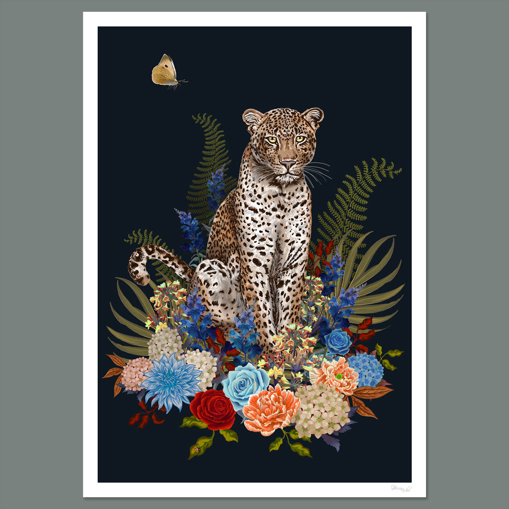 Leopard Wild Blooms in Navy Blue | Wall Art Print