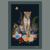 Animal Wildlife Wall Art with Leopard and Flowers in Navy Blue  by Designer Becca Who