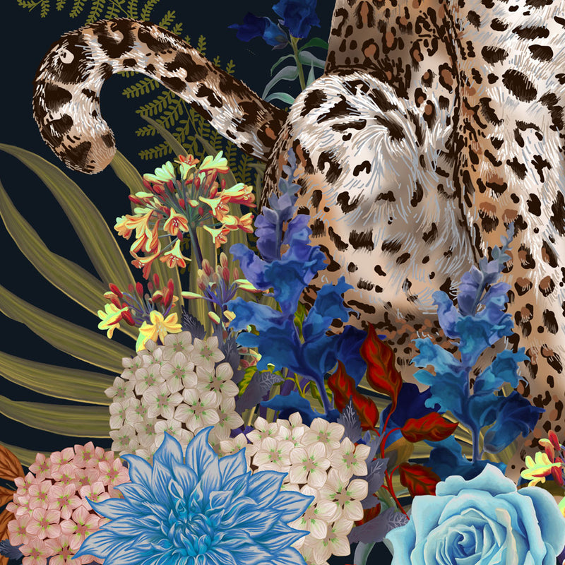 Details of Animal Wall Art with Leopard and Flowers in Navy Blue  by Designer Becca Who