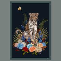 Leopard Wild Blooms in Navy Blue | Wall Art Print