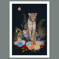 Wildlife Wall Art with Leopard and Flowers in Navy Blue  by Designer Becca Who