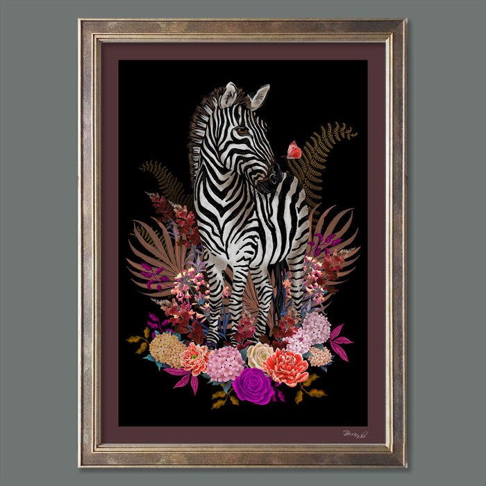 Zebra and Flowers Wall Art Print in Pink and Black by Designer, Becca Who