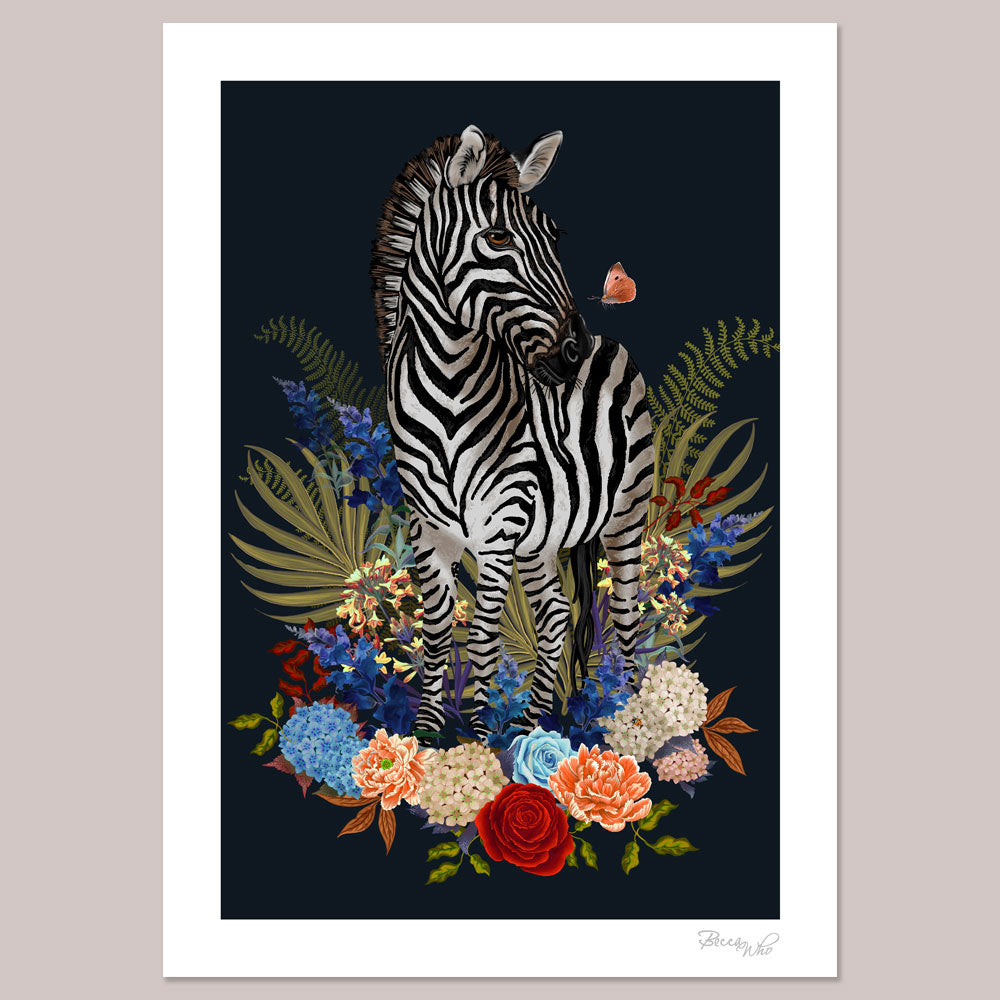 Zebra Wild Blooms in Navy Blue | Wall Art Print