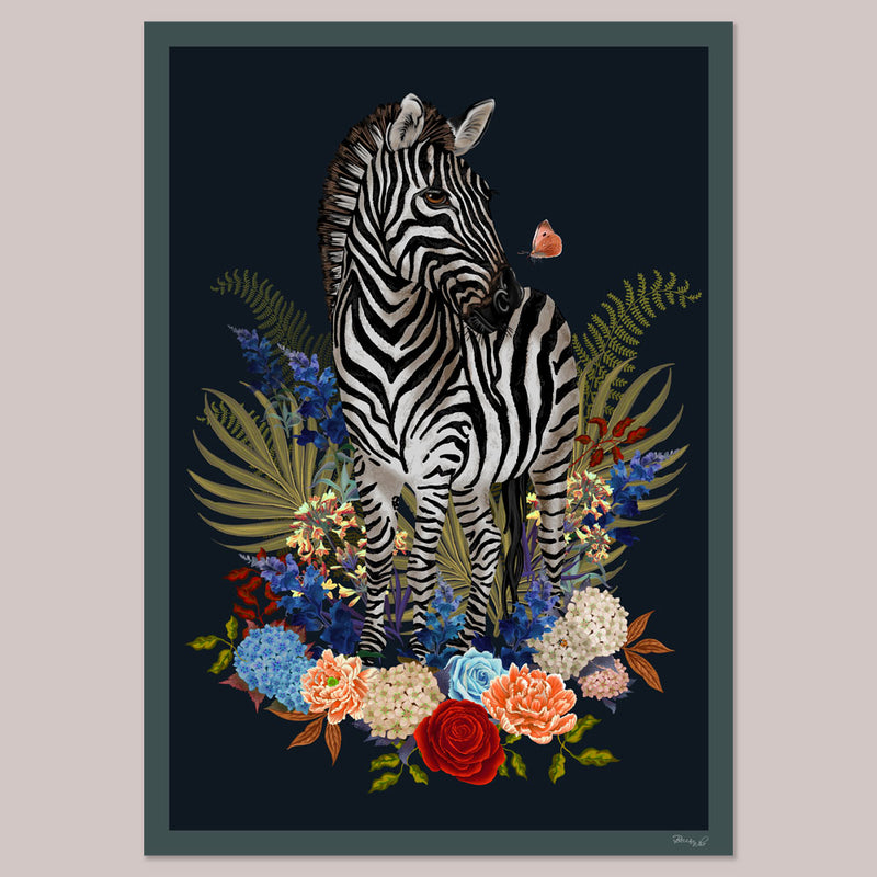 Zebra Wild Blooms in Navy Blue | Wall Art Print