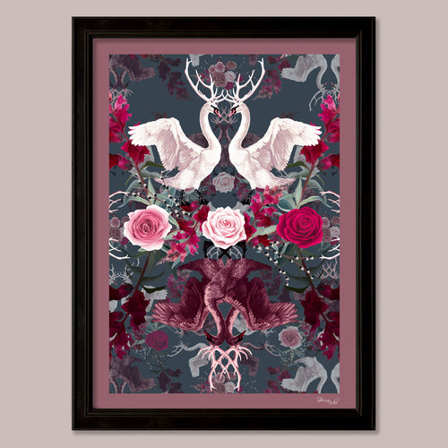 Designer Wall Art Print with Swans and Florals in Pink by Becca Who